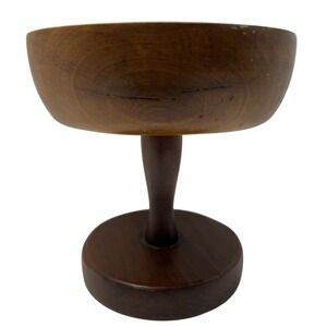 Vtg Handmade Turned Wood Pedestal Bowl Centerpiece Decor Felt Bottom 5.25x5"Tall